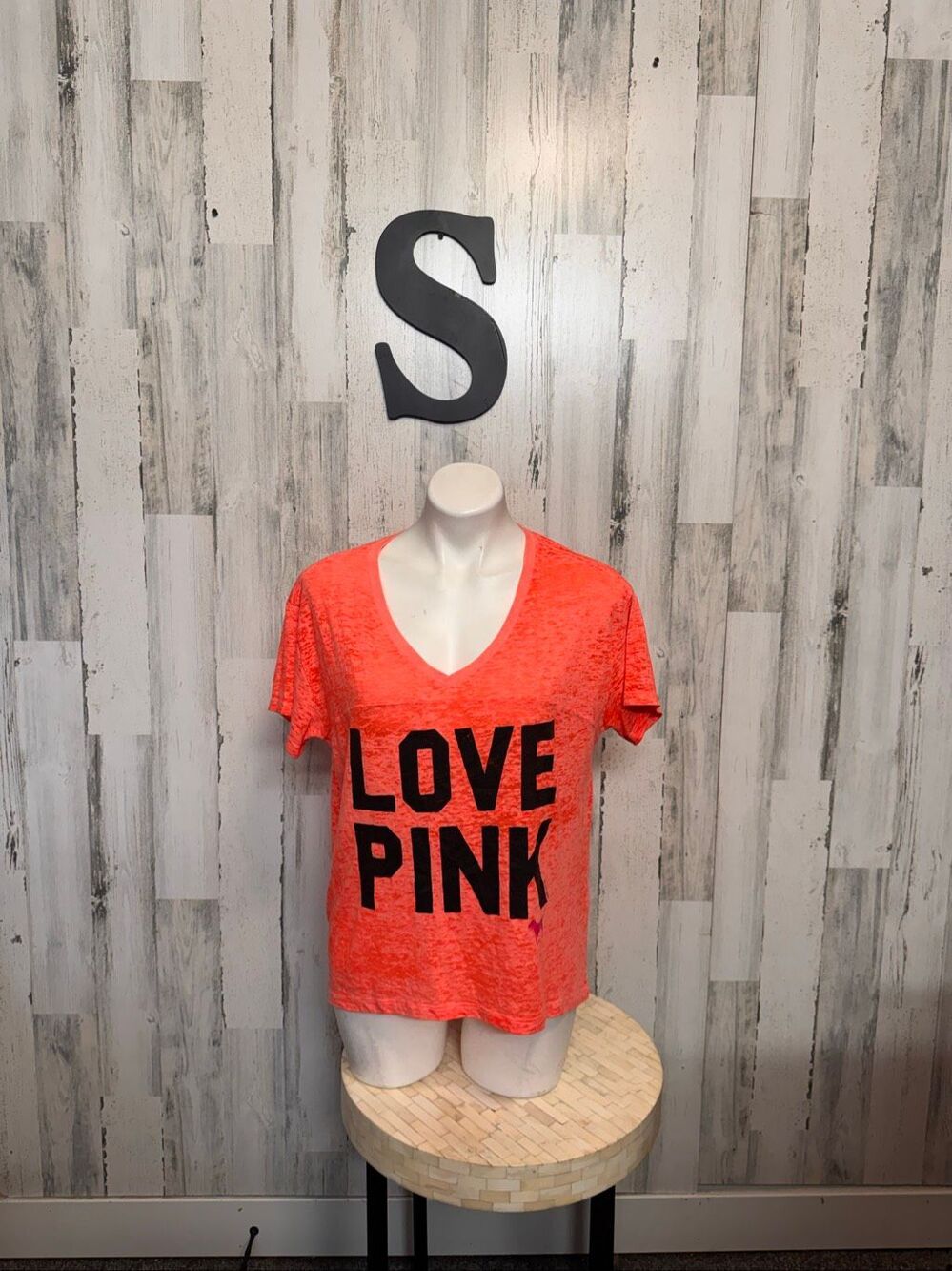Victoria's Secret PINK Neon Coral Burnout V-Neck T-Shirt Womens Small Love Pink